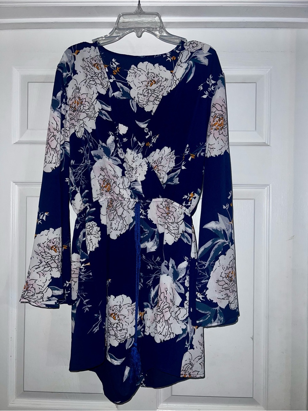Navy Floral Long Sleeve Faux Wrap Romper